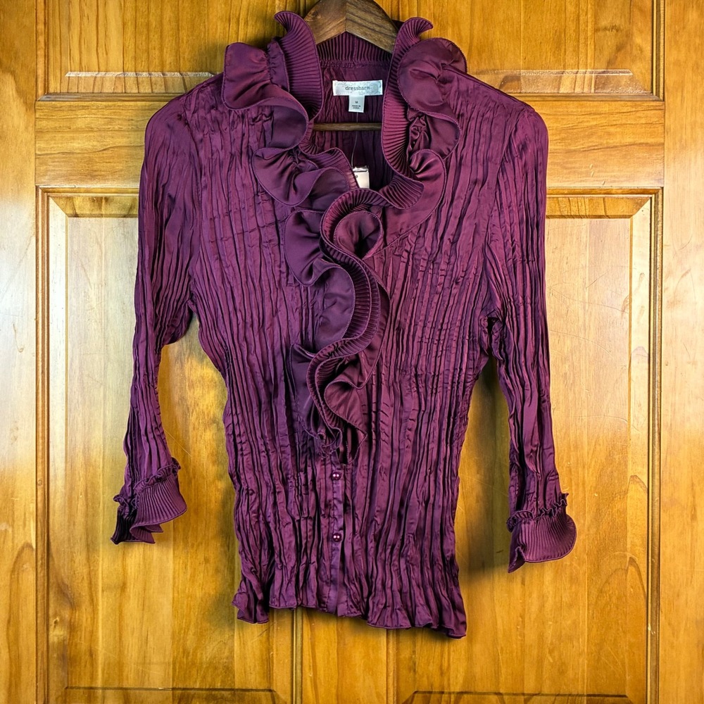 Dressbarn Purple Plisse Ruffle Front Blouse 3/4 Sleeve Top Sz Med NEW Victorian